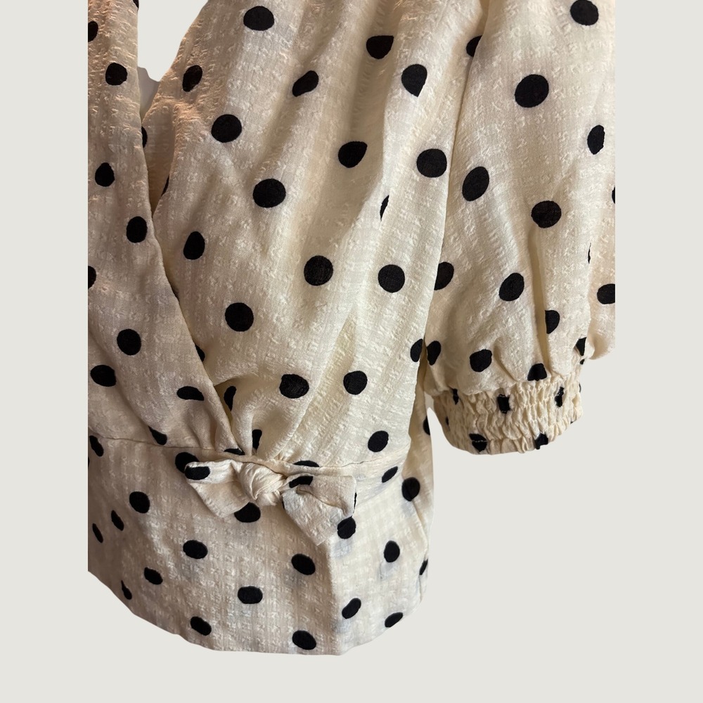 Retro Stage Cream Black Polka Dot Wrap Top Short Puff Sleeve Blouse Large NWT - Picture 6 of 8